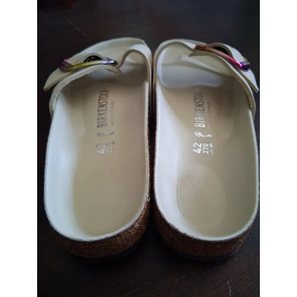 Birkenstock Madrid Big Buckle Sandals 42 Cream Leather Iridescent Rainbow buckle - Picture 7 of 8